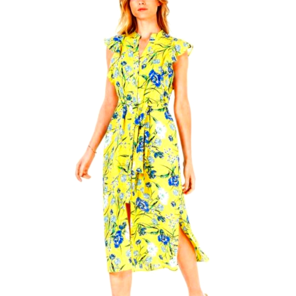 Maison Jules | Yellow Printed Flutter-sleeve Midi Dress